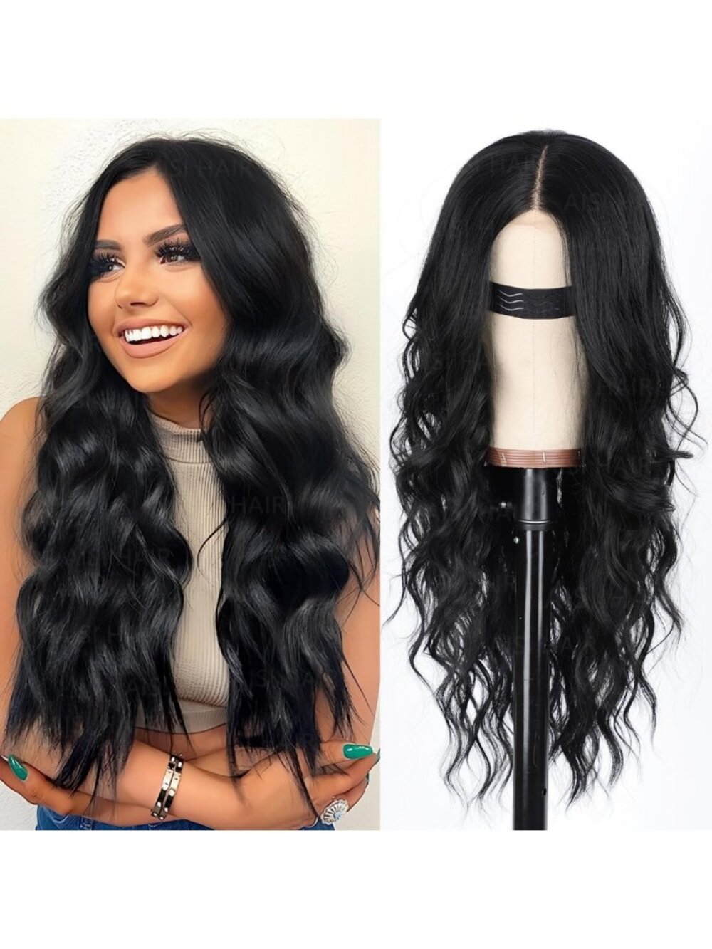 Long Wavy Black Synthetic Wig for Women, Heat Resistant Lace Front - 26 Inch
